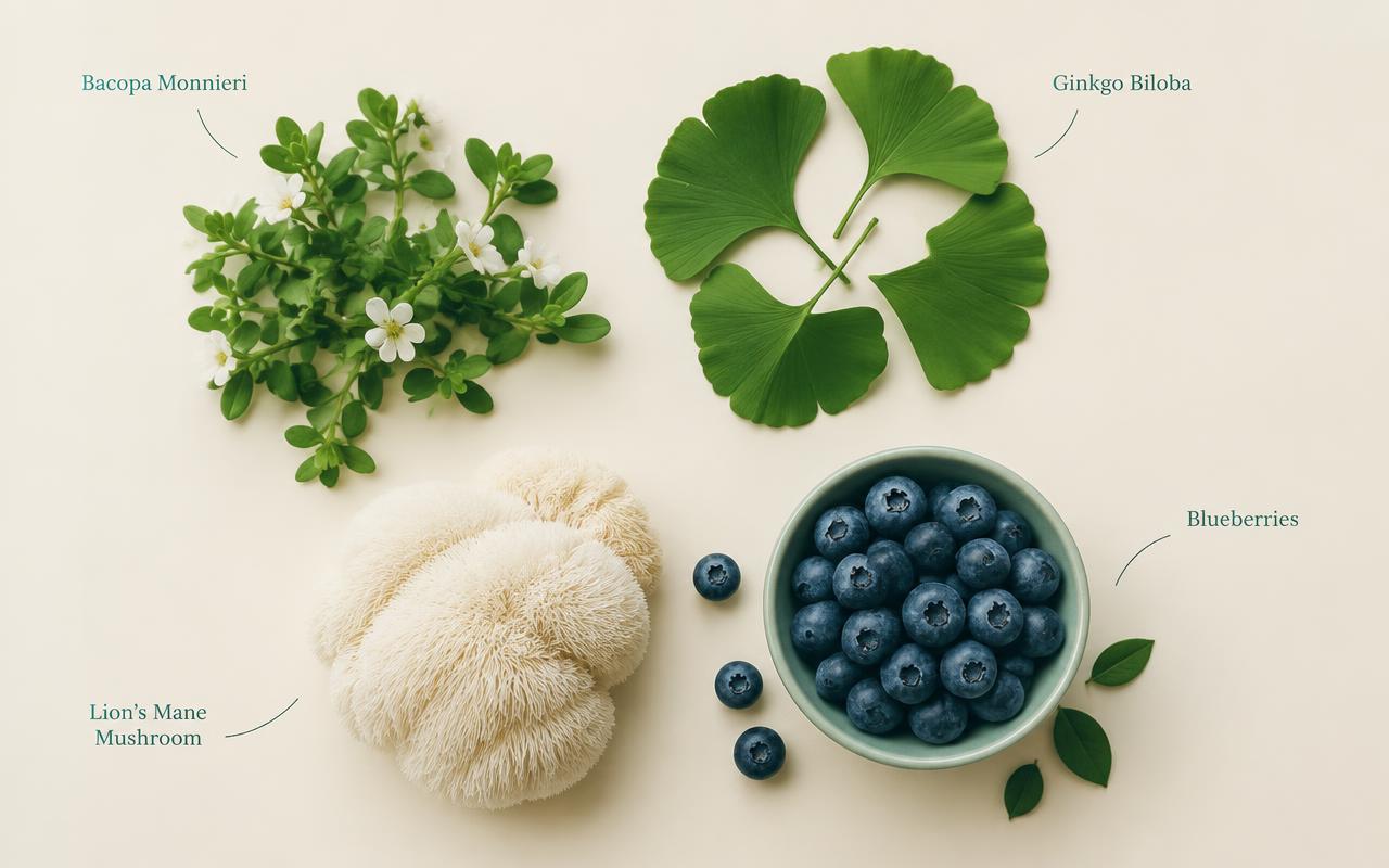 Botanical nootropic ingredients associated with memory support: bacopa, ginkgo biloba, lion's mane and blueberries