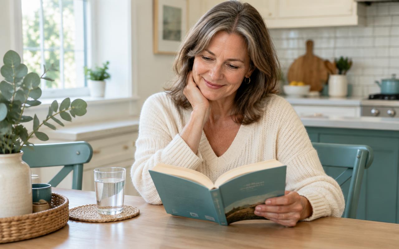 Woman reading comfortably at a kitchen table after her daily Mindtrex™ serving